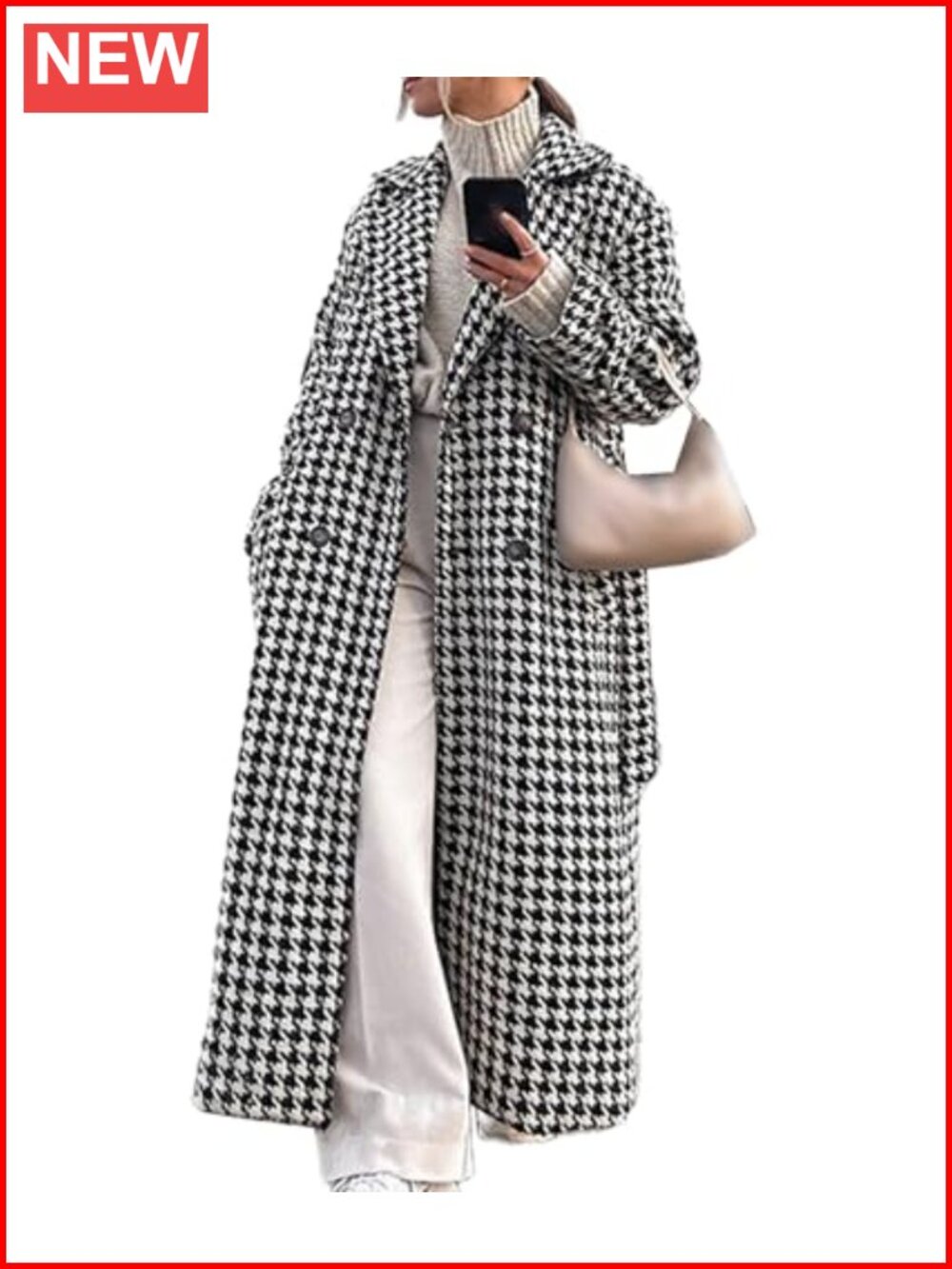 Women's Houndstooth Double Breasted Wool Blend Trench Coat with Belt